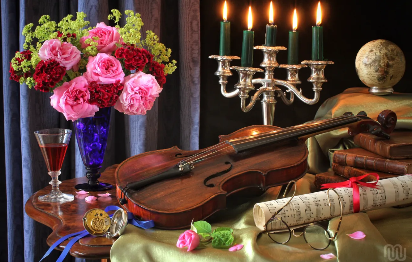 Photo wallpaper notes, violin, watch, glass, books, roses, bouquet, candles