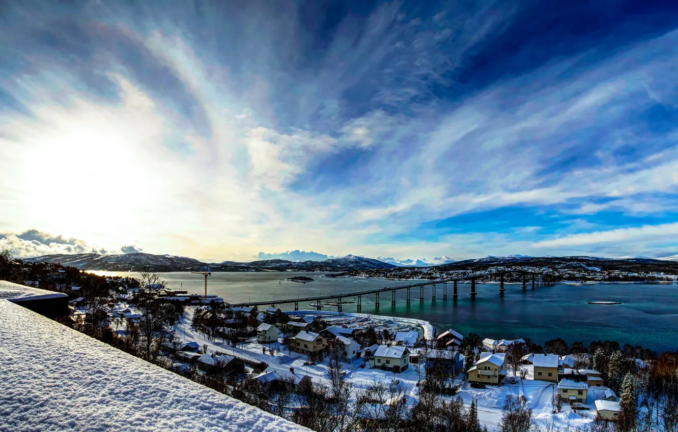 Photo wallpaper winter, the sky, clouds, snow, trees, mountains, bridge, home