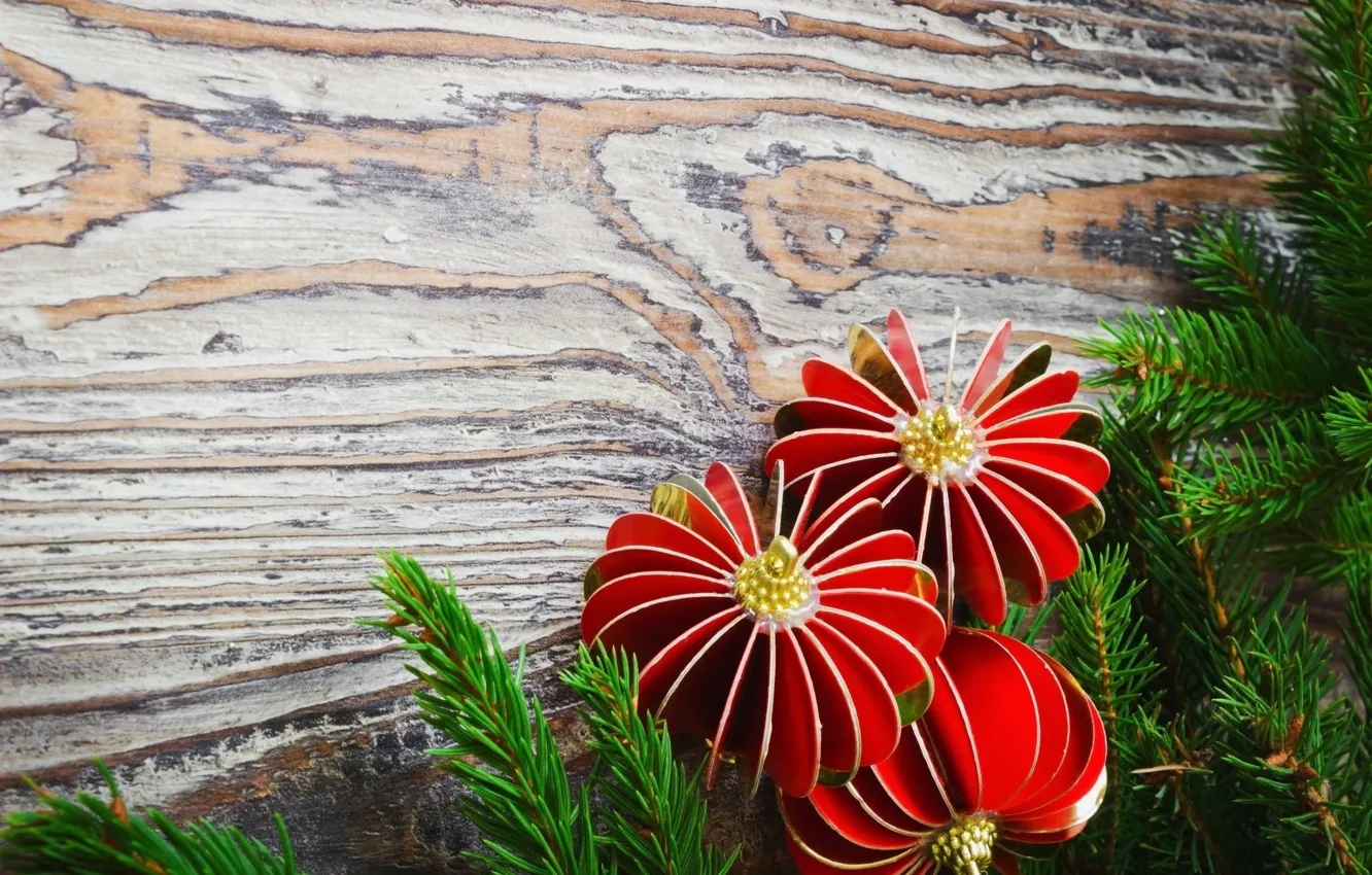 Photo wallpaper branches, holiday, toy, Board, tree, new year, spruce, needles