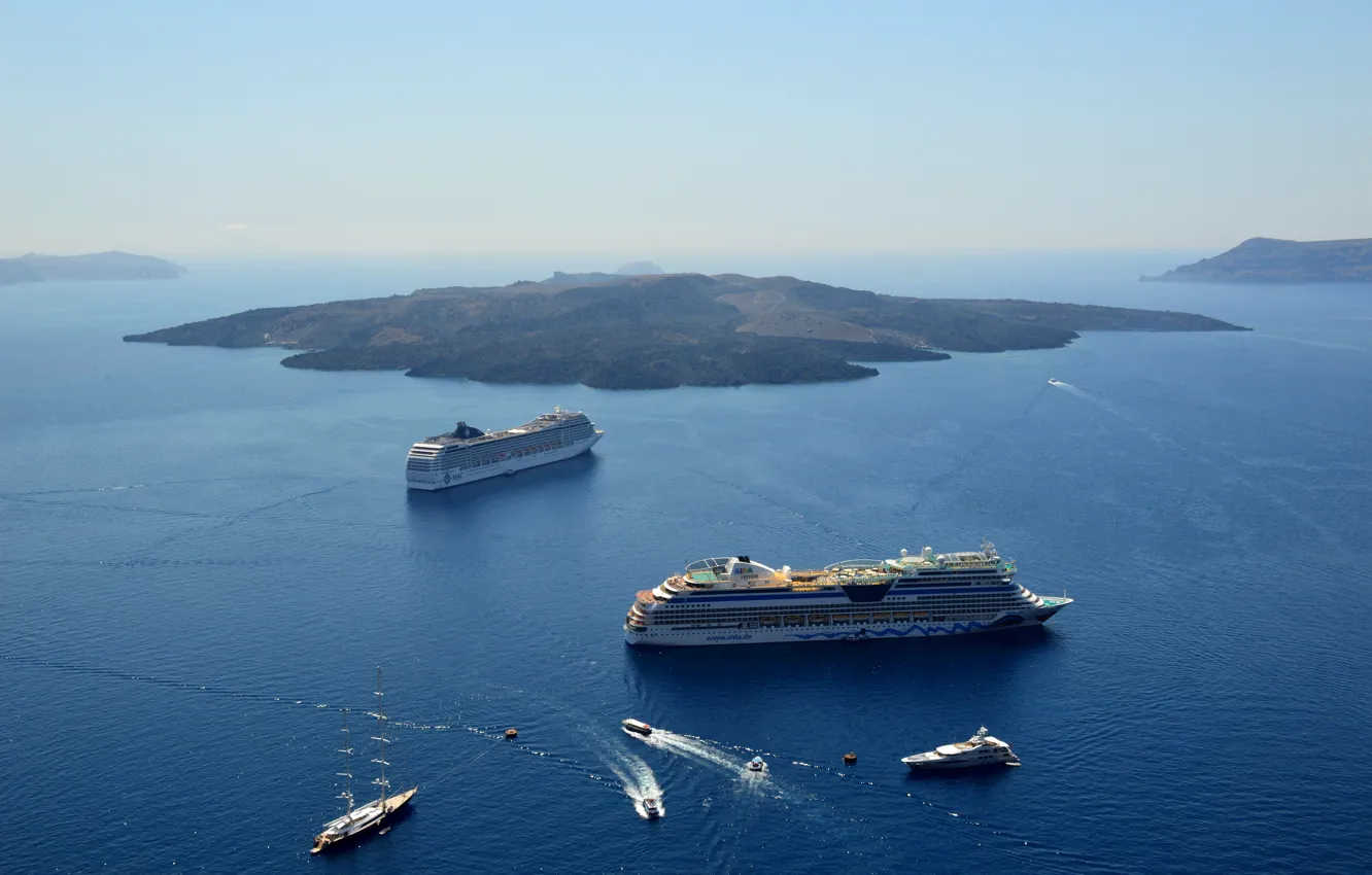 Photo wallpaper sea, ships, Santorini, Caldera