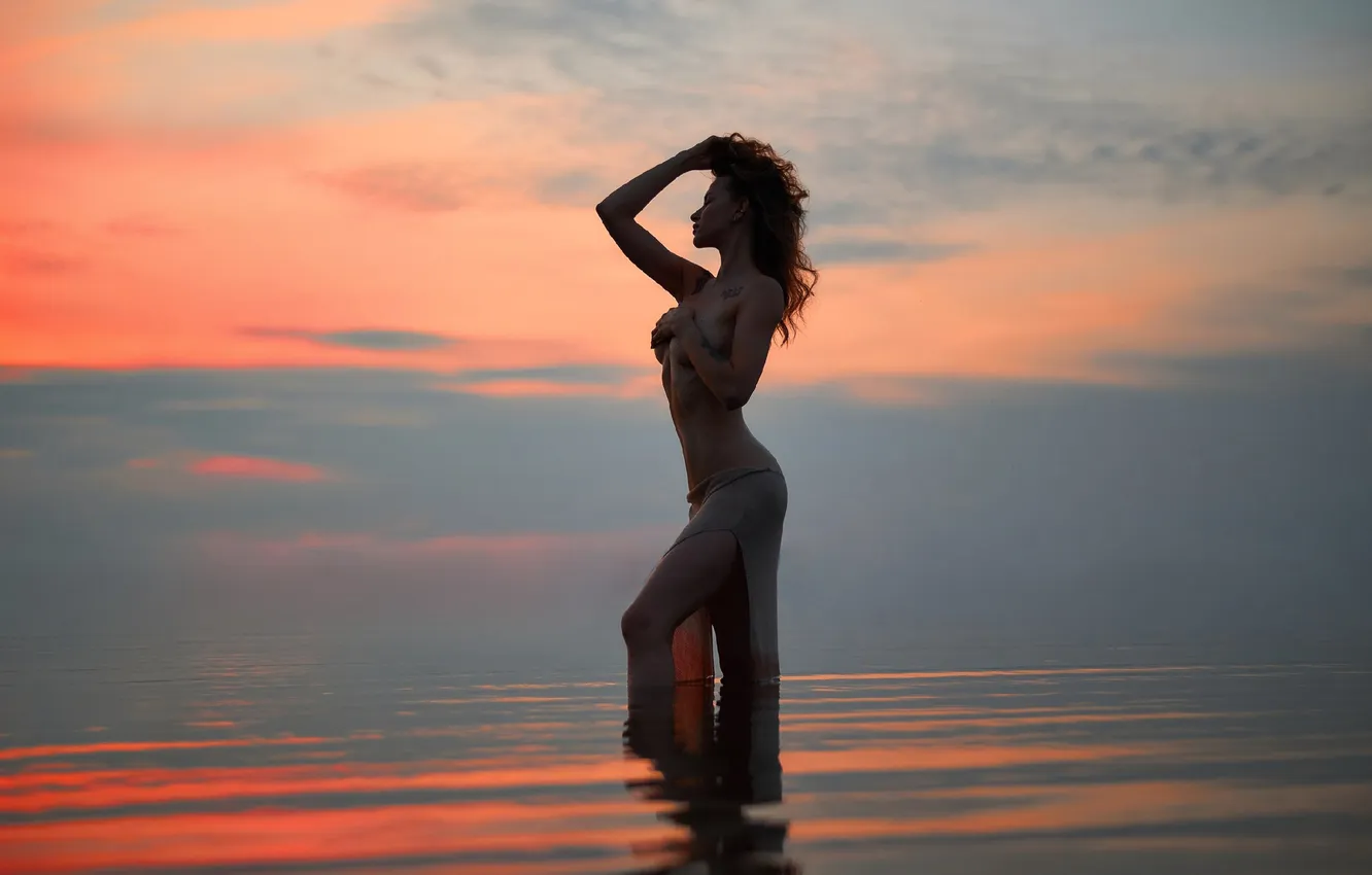 Photo wallpaper sea, girl, sunset, pose, hands, figure, Alexander Skripnikov