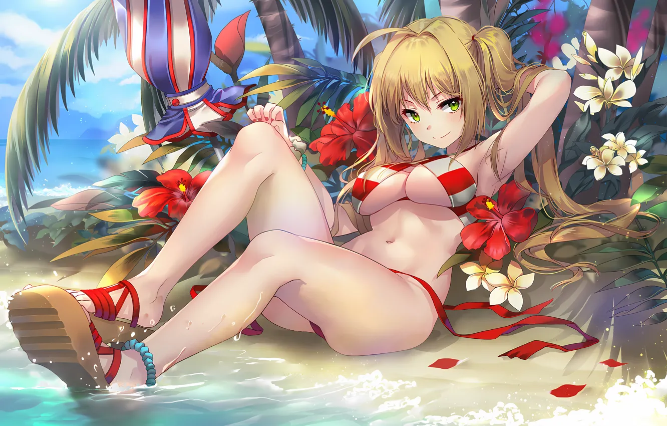 Photo wallpaper girl, sexy, cleavage, beach, long hair, legs, nature, boobs