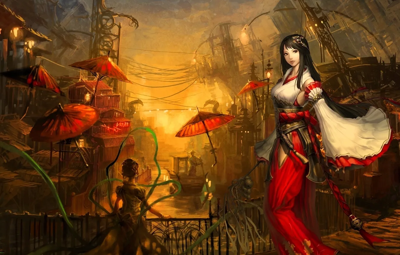 Photo wallpaper girl, the city, umbrella, boat, dress, tape, Atlantica Online