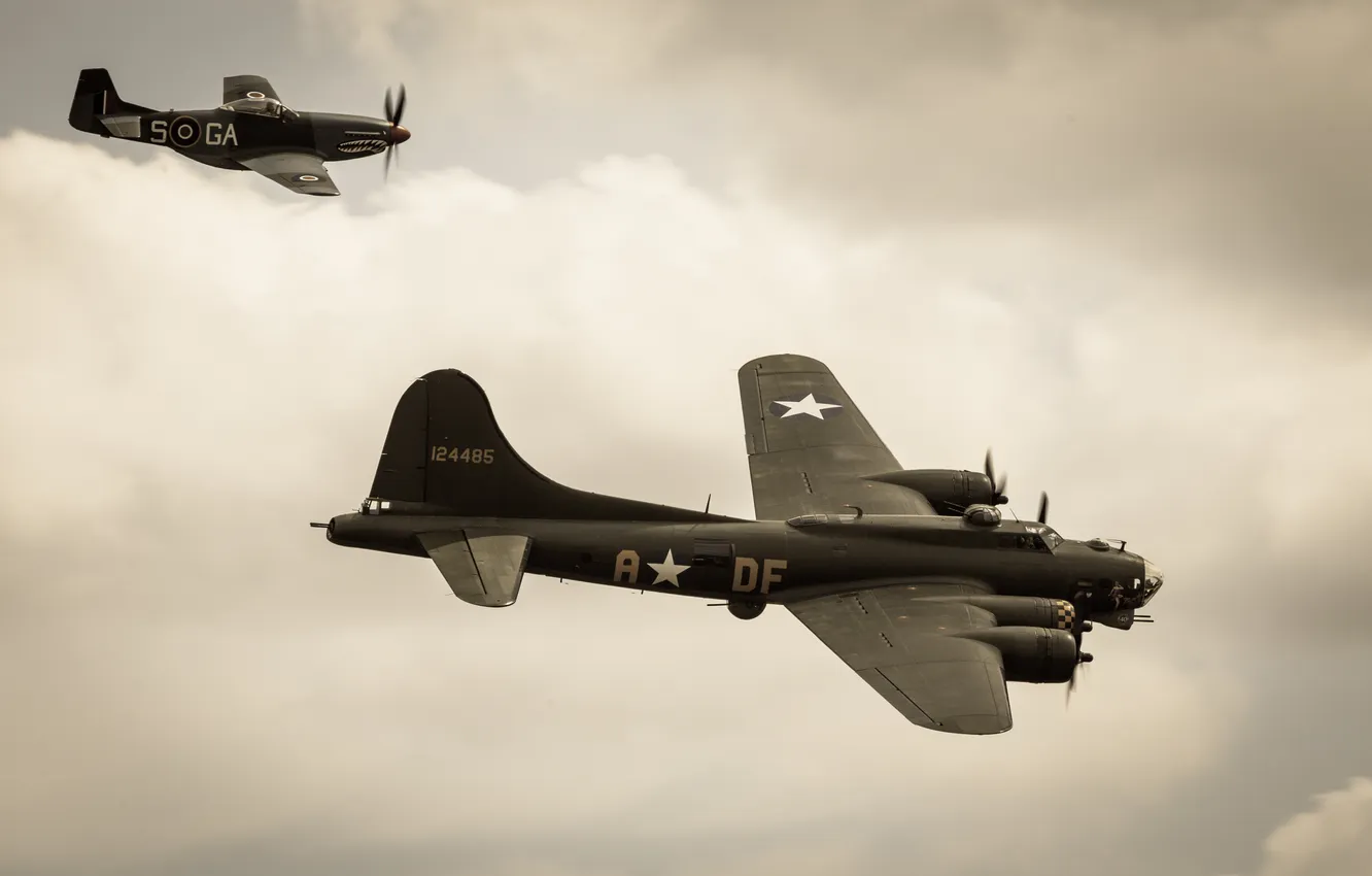 Photo wallpaper flight, bomber, B-17, P-51 Mustang