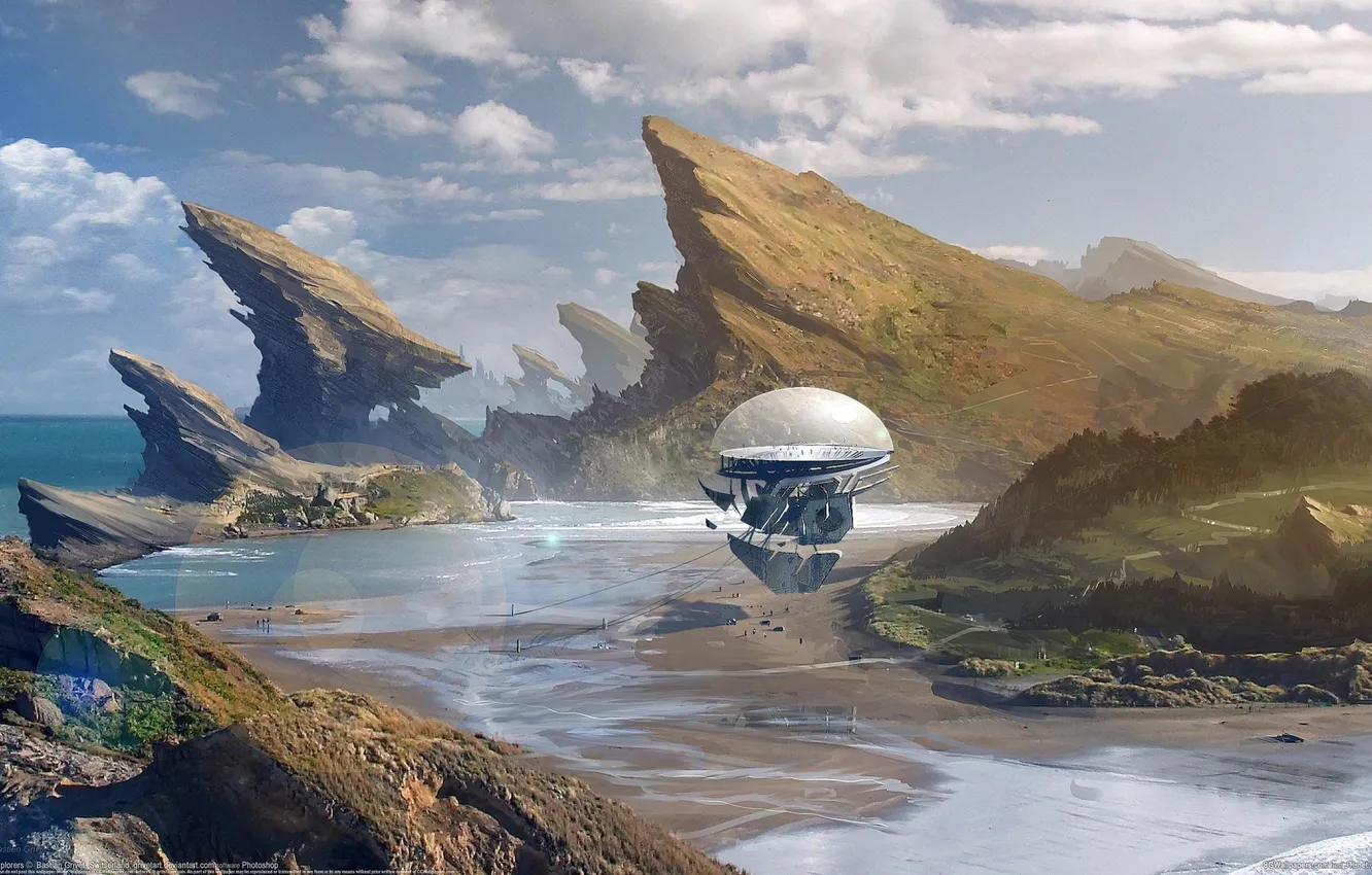 Photo wallpaper sea, the sky, space, mountains, future, fiction, rocks, art