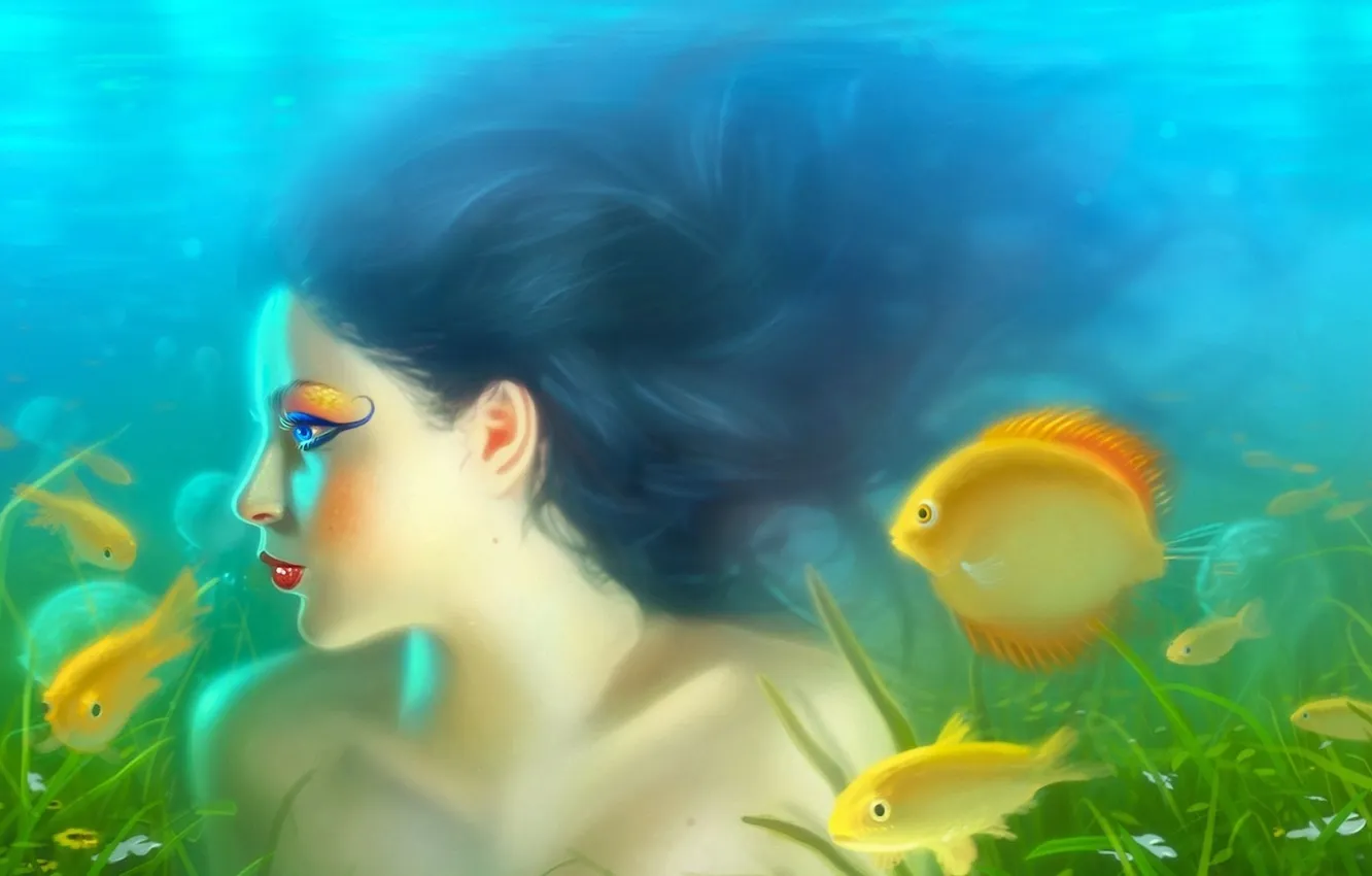 Photo wallpaper girl, fish, algae, yellow, face, the world, hair, figure