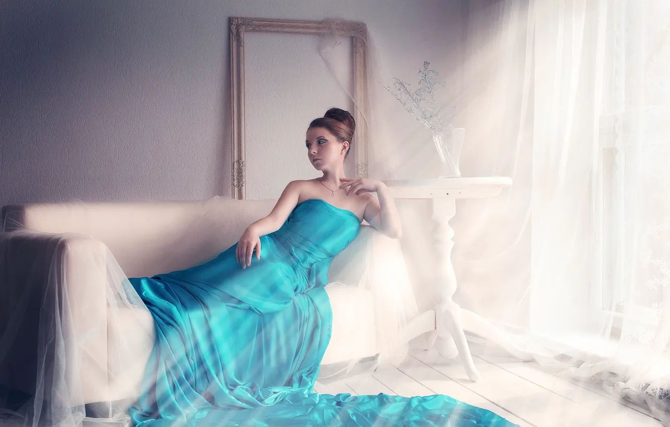 Photo wallpaper girls, model, window, turquoise, lady