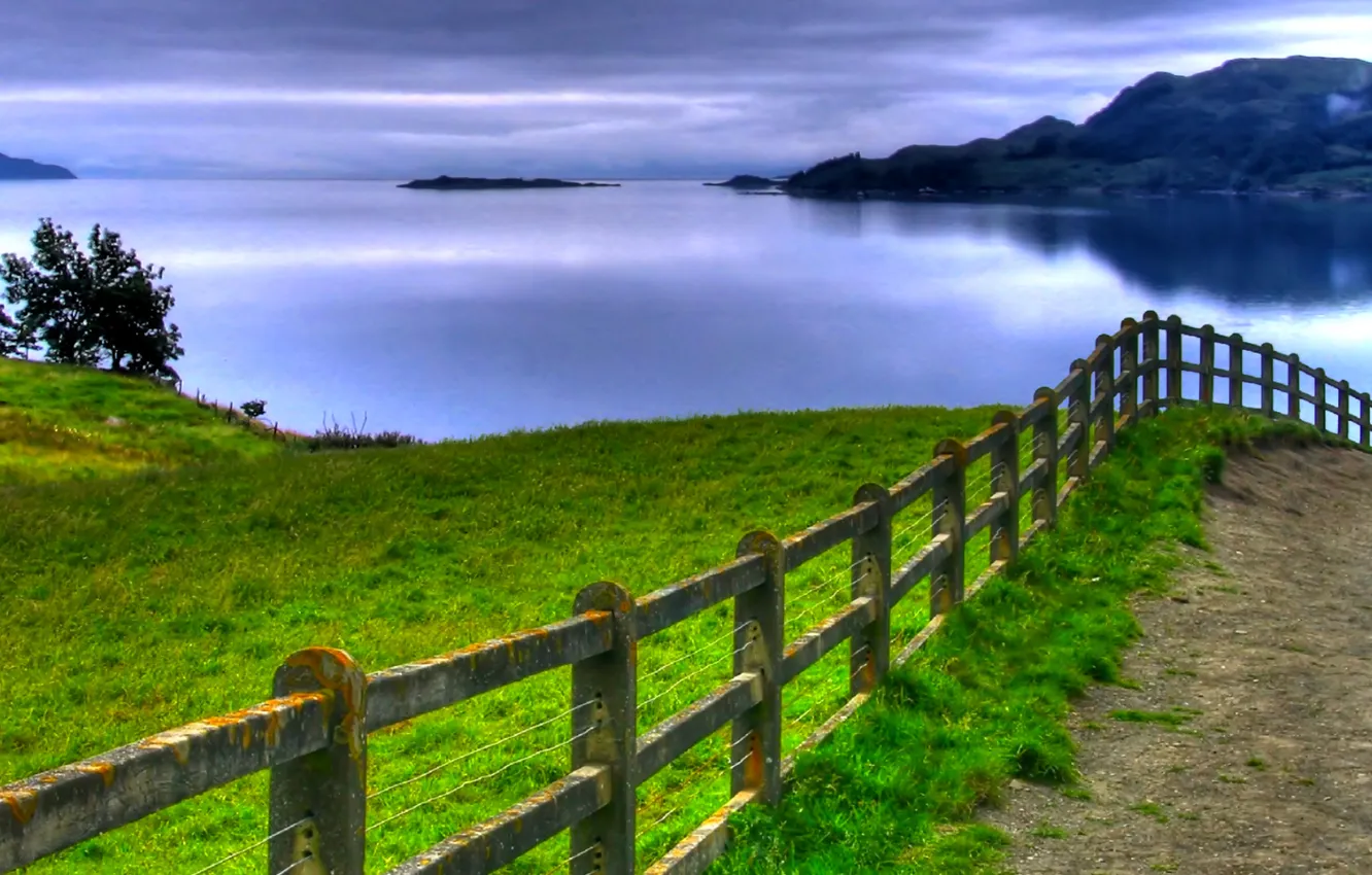 Photo wallpaper sea, grass, photo, shore, the fence, horizon