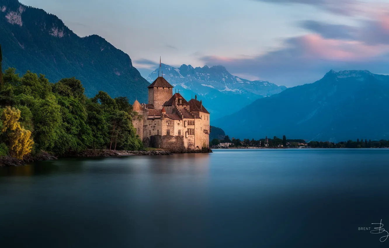 Photo wallpaper mountains, lake, castle, Switzerland, Switzerland, Chillon, photographer Brent Goldman