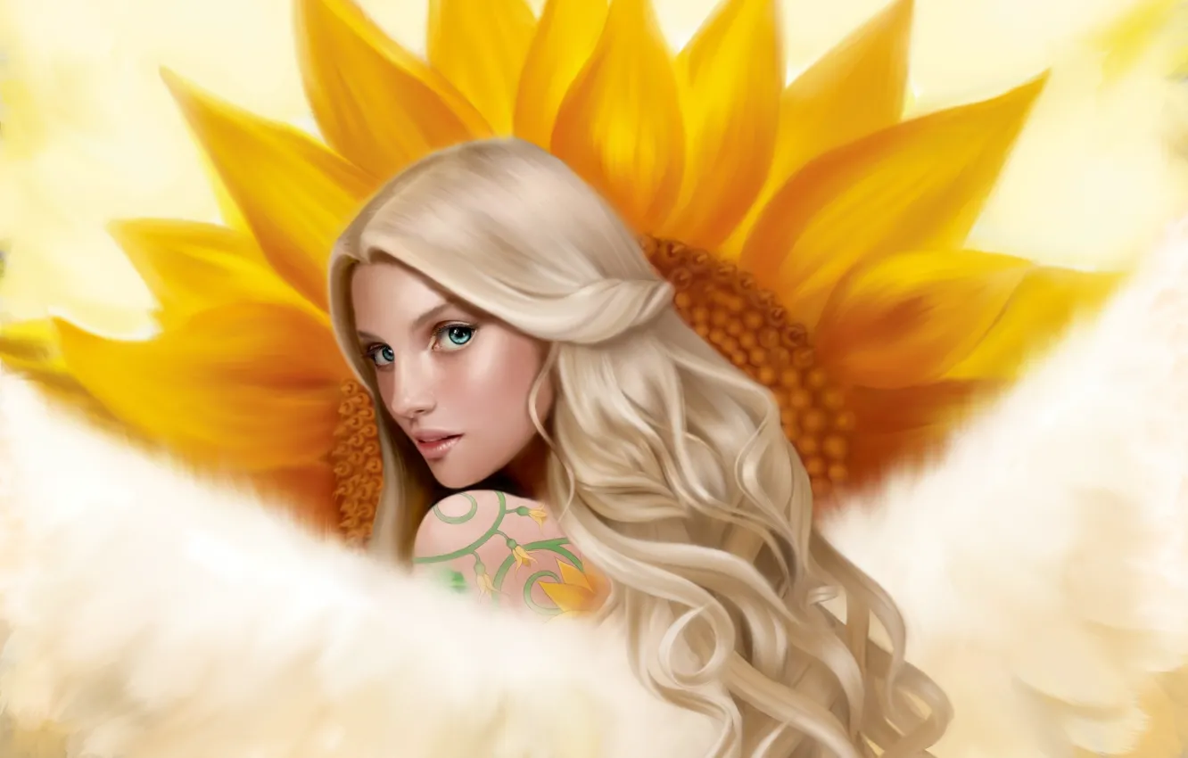 Photo wallpaper girl, wings, sunflower, angel, tattoo