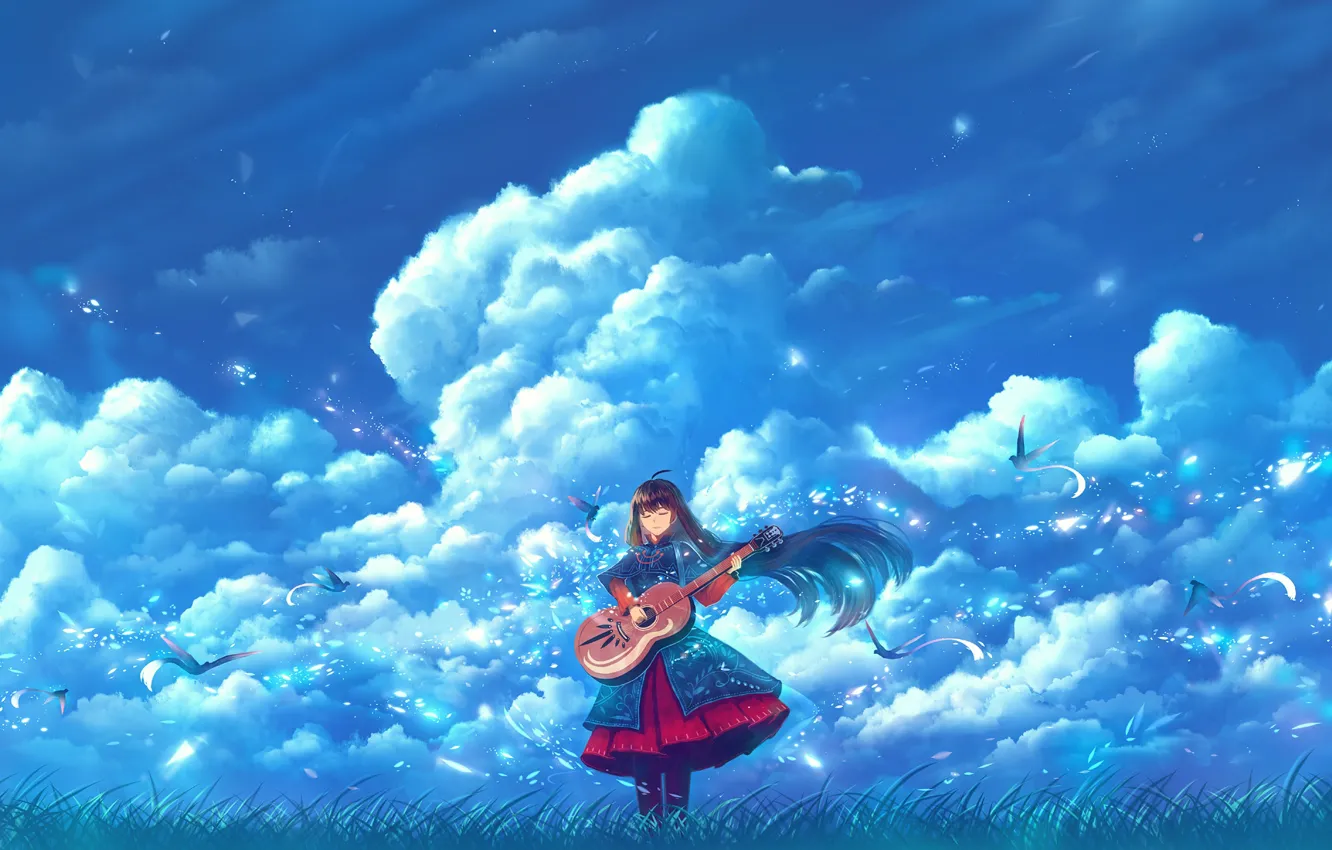Photo wallpaper the sky, girl, clouds, bird, guitar