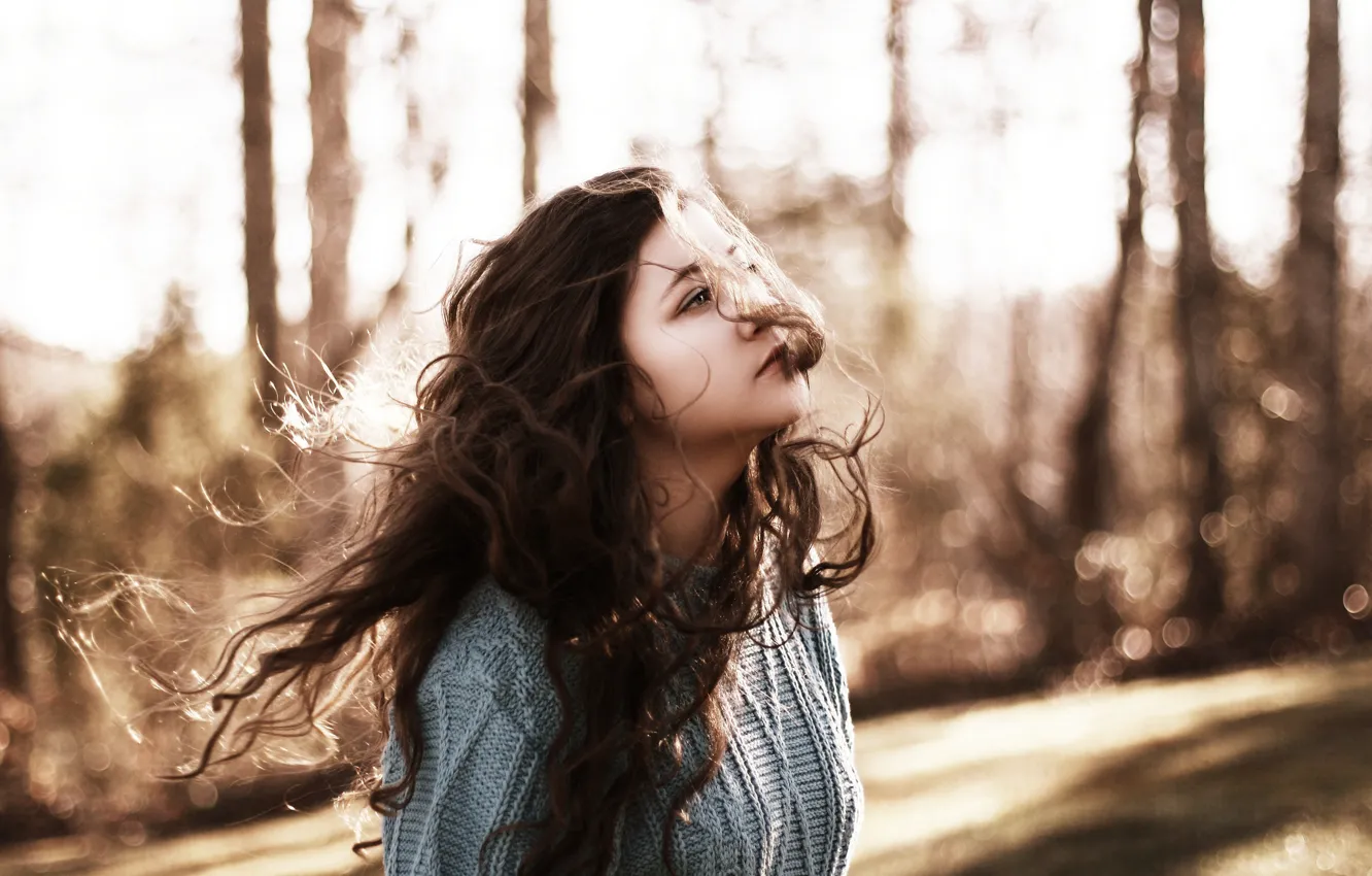 Photo wallpaper eyes, the sun, trees, the wind, hair, sunshine, trees, sweater