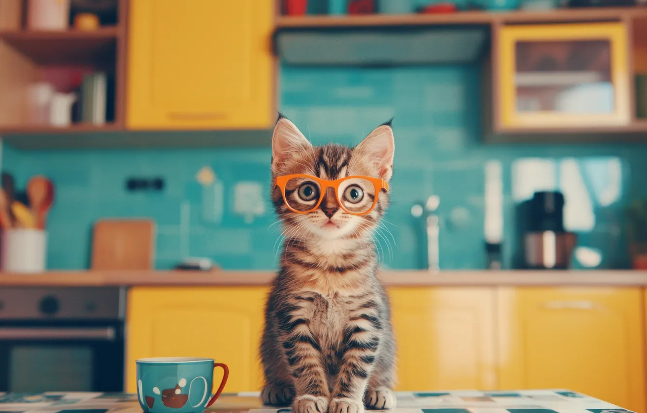 Photo wallpaper cat, look, pose, table, grey, glasses, kitchen, Cup