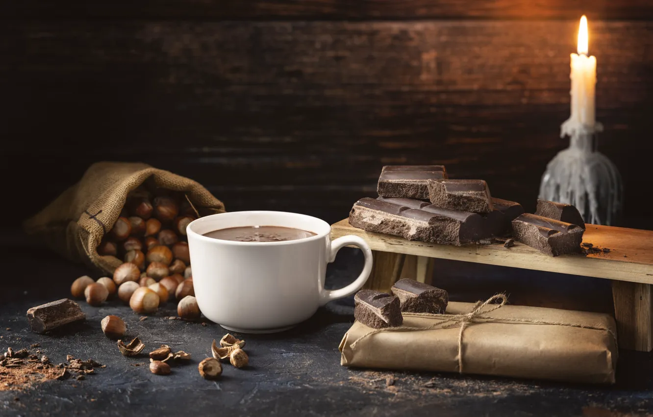 Photo wallpaper Board, coffee, chocolate, candles, mug, Cup, drink, nuts