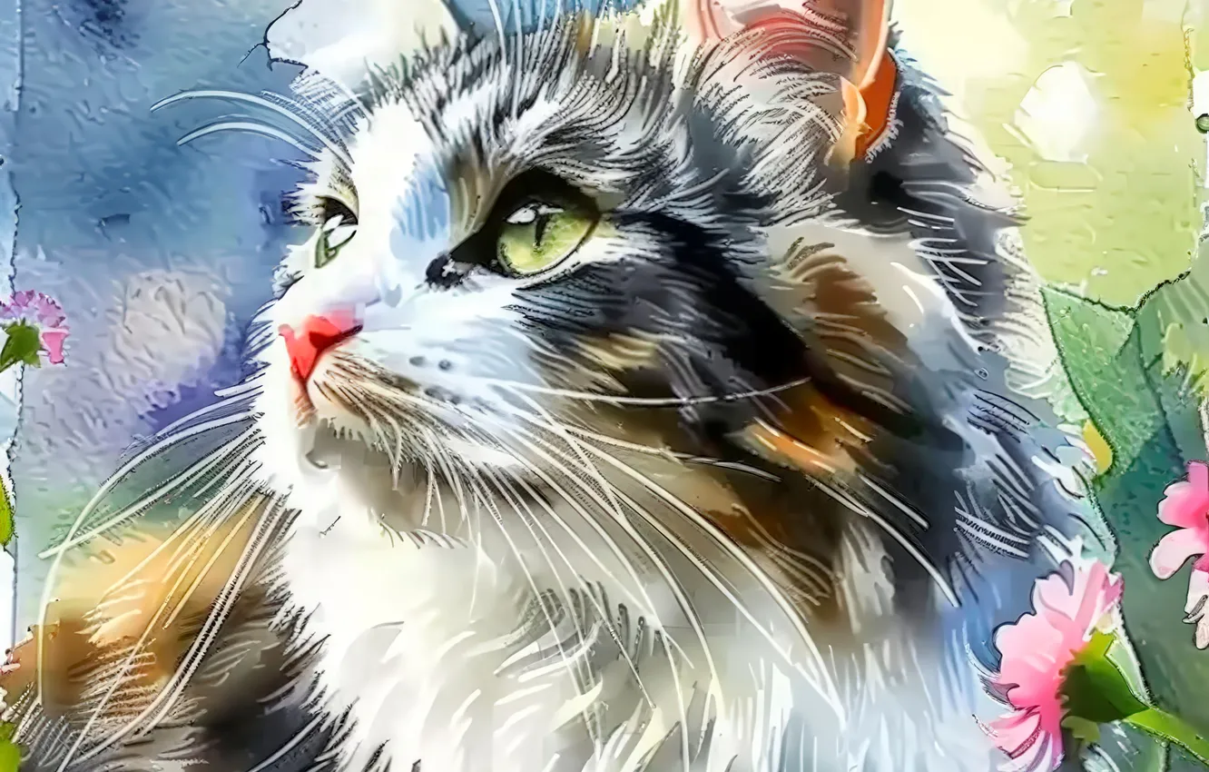 Photo wallpaper cat, cat, mustache, look, face, flowers, art, closeup