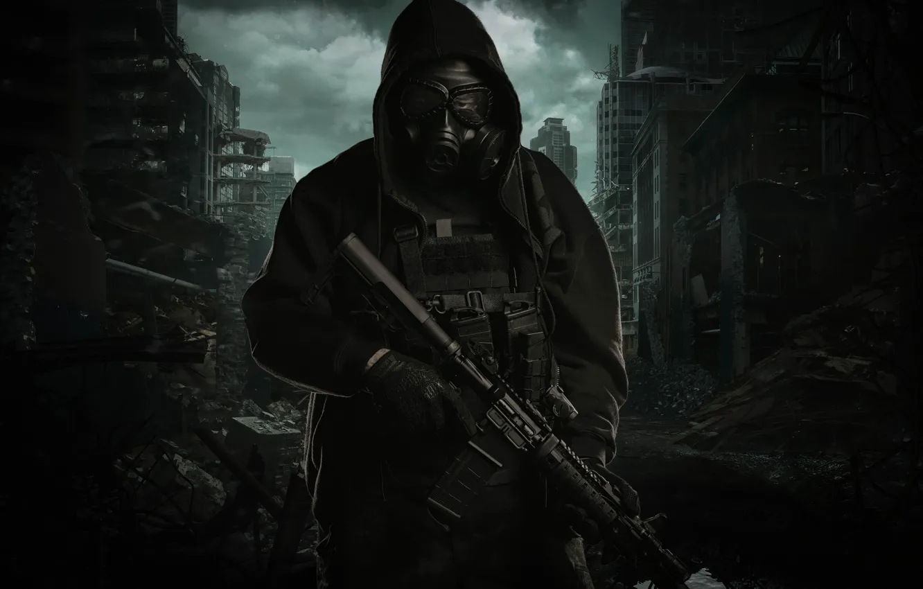 Photo wallpaper the city, weapons, jacket, hood, destruction, gas mask, male, assault rifle