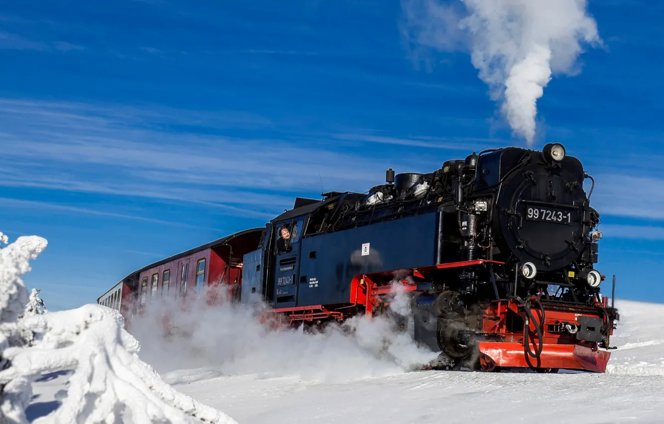 Photo wallpaper winter, snow, train, the engine, Germany
