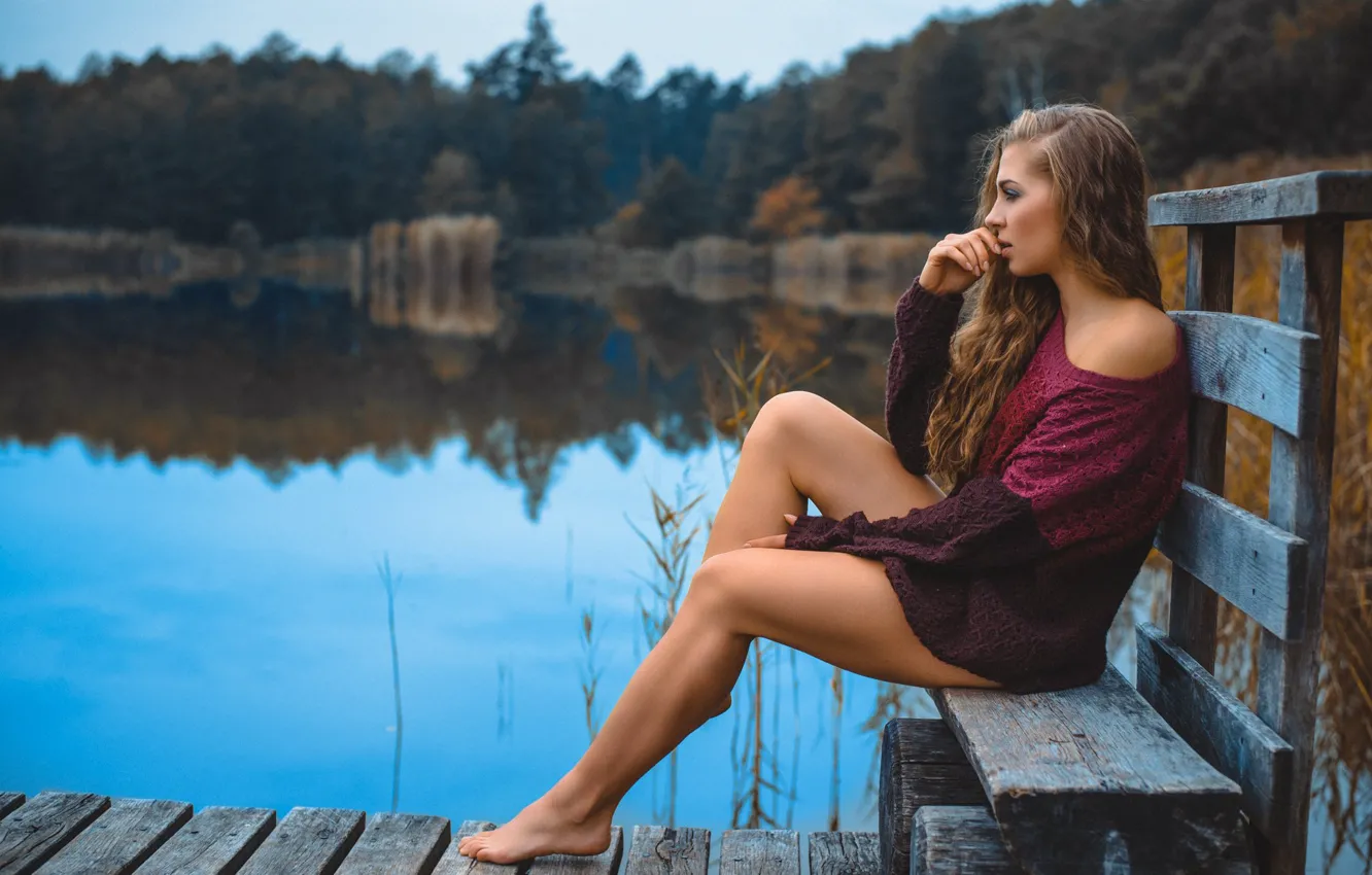 Photo wallpaper girl, bench, lake, mood, feet, Claudia Jagodzinska, Sebastian Preus