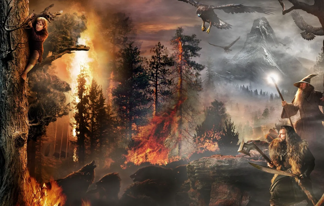 Photo wallpaper trees, fire, wolves, the eagles, The hobbit, The Hobbit, An unexpected journey, An Unexpected Journey