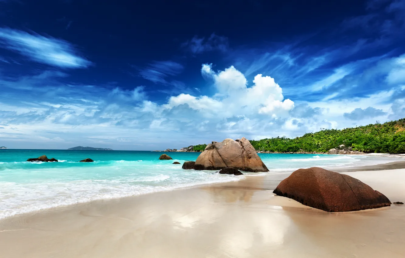 Photo wallpaper sand, sea, beach, the sun, tropics, stones, the ocean, shore