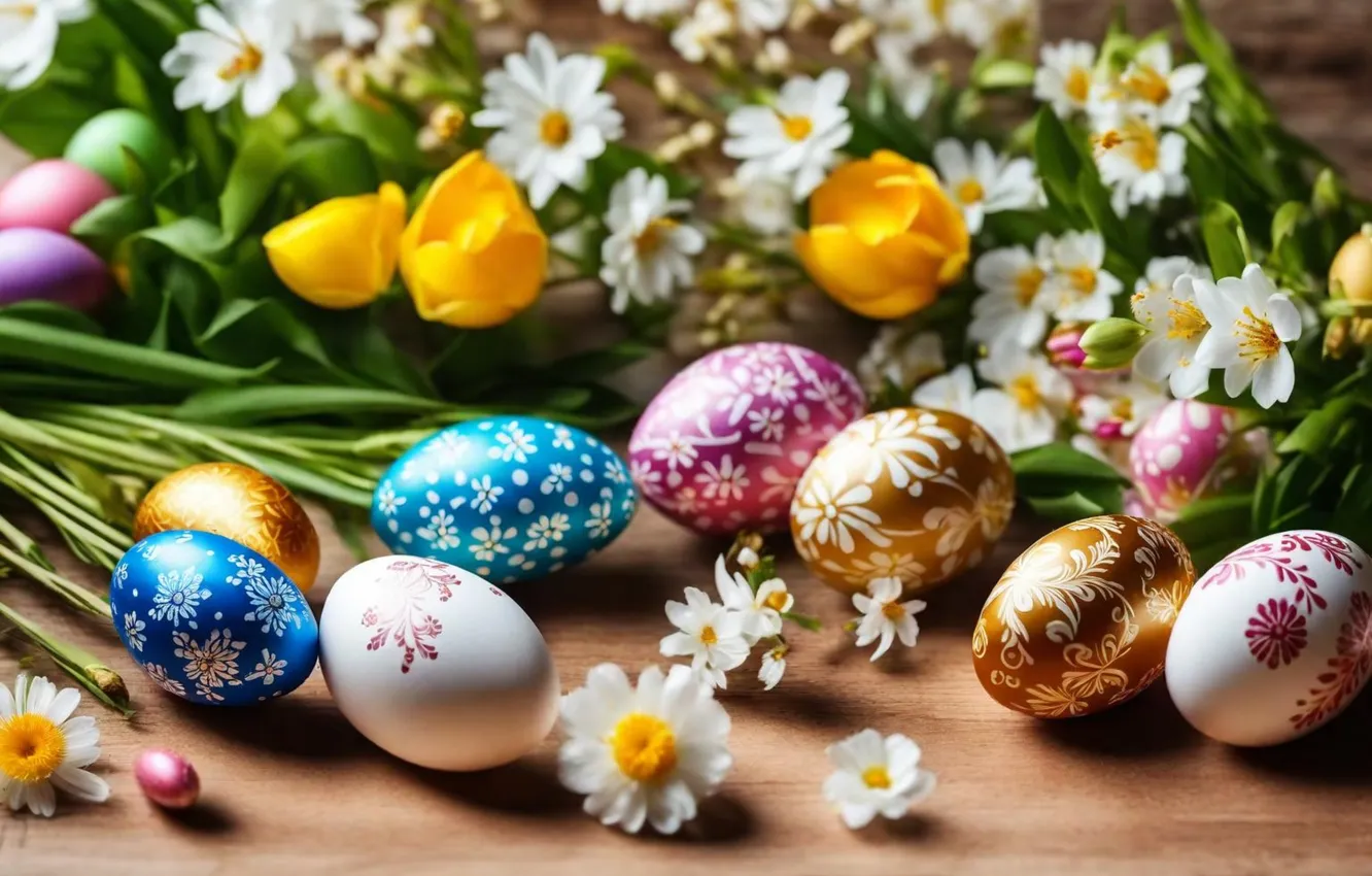 Photo wallpaper flowers, eggs, spring, colorful, Easter, flowers, spring, Easter