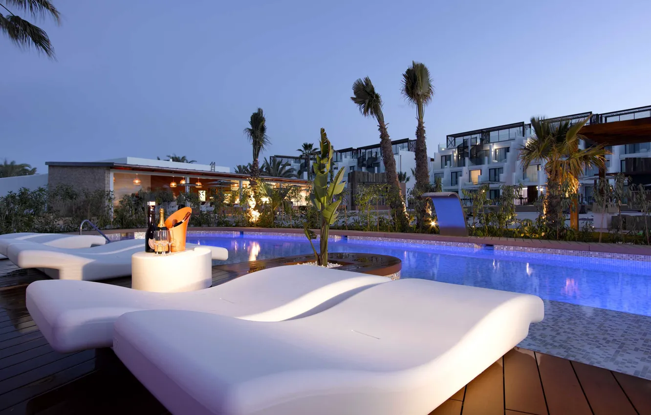 Photo wallpaper palm trees, the evening, pool, resort