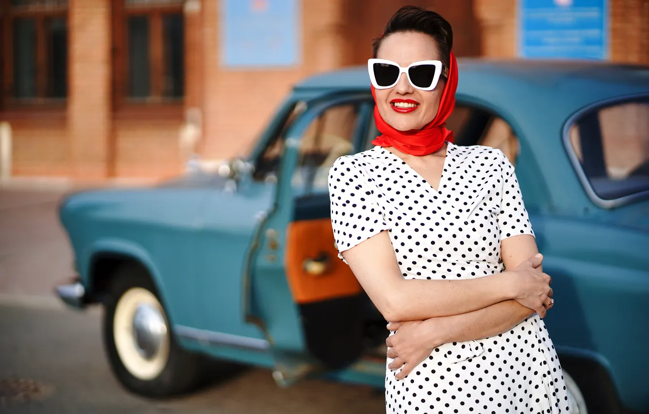 Photo wallpaper machine, auto, girl, pose, style, retro, hands, dress