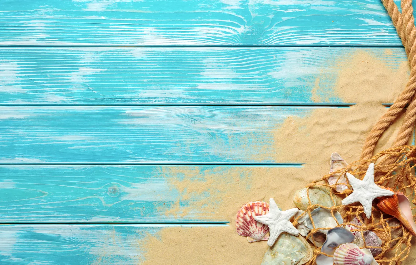 Photo wallpaper sand, beach, summer, stars, shell, summer, beach, wood
