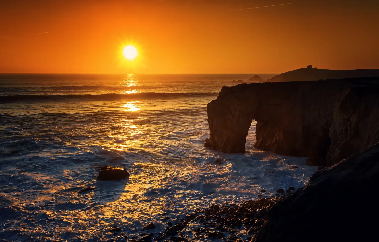 Photo wallpaper sea, sunset, rock