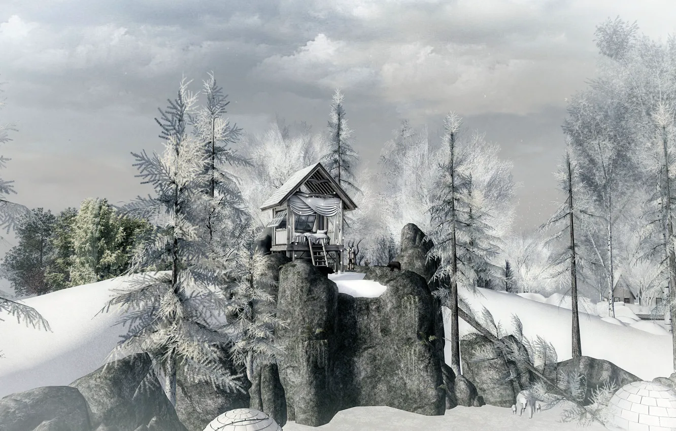Photo wallpaper winter, forest, trees, rocks, house, surreal