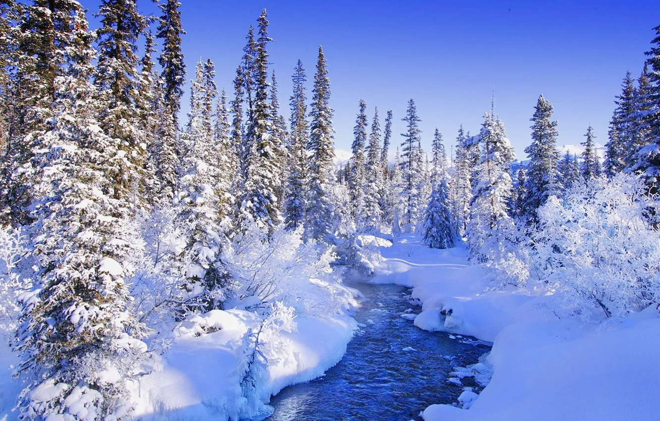 Photo wallpaper winter, snow, blue, river