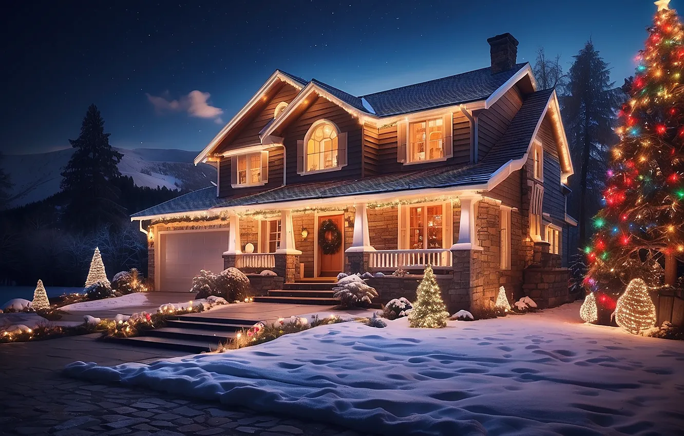 Photo wallpaper winter, snow, decoration, night, lights, house, tree, colorful