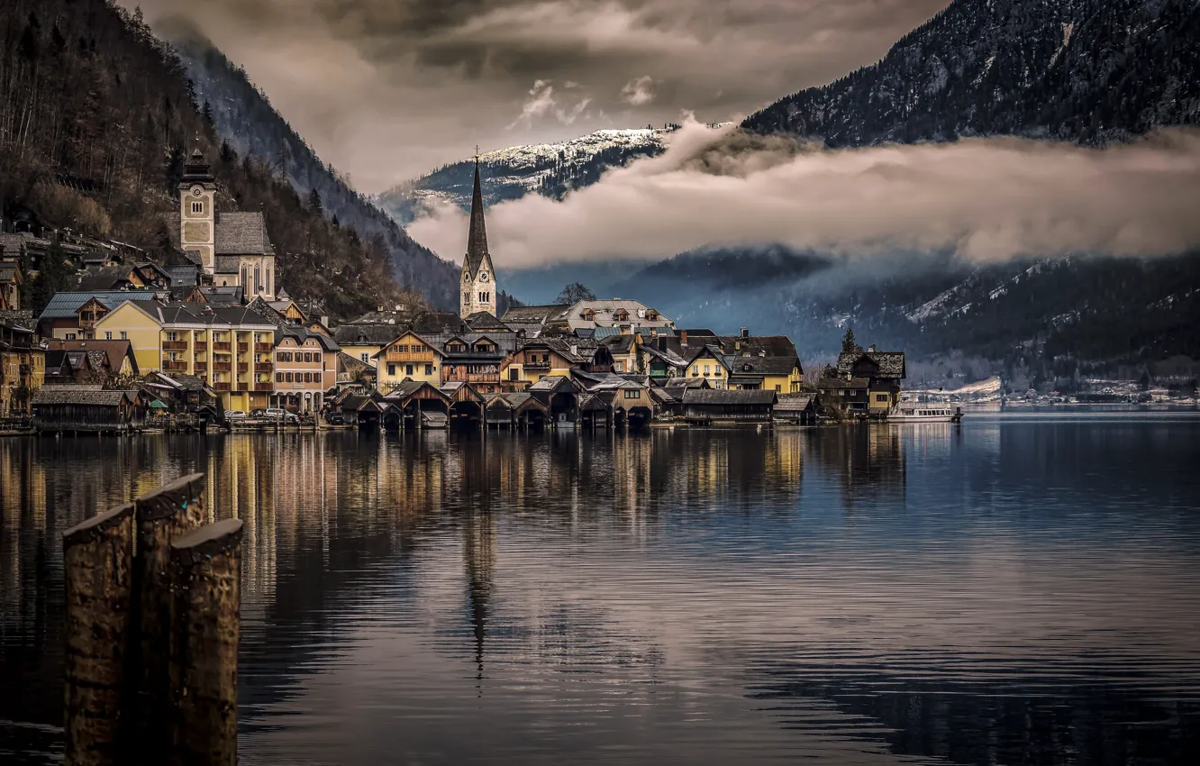 Photo wallpaper clouds, mountains, lake, home, Austria, Hallstatt
