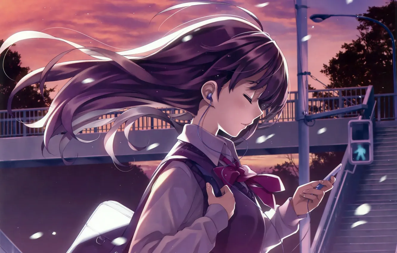 Photo wallpaper girl, the wind, street, petals, headphones, art, form, misaki kurehito