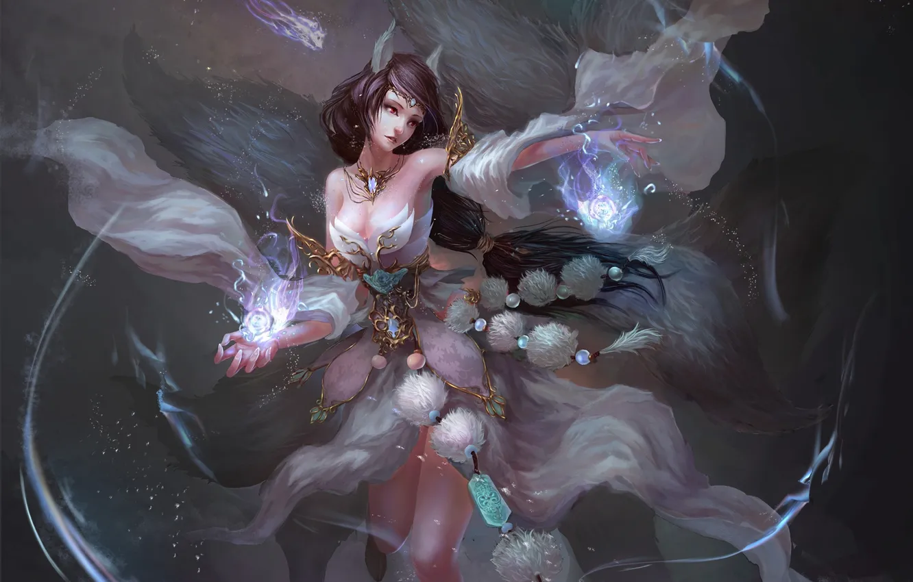 Photo wallpaper girl, magic, tail, gesture, ears, art, neko-mura ikkro