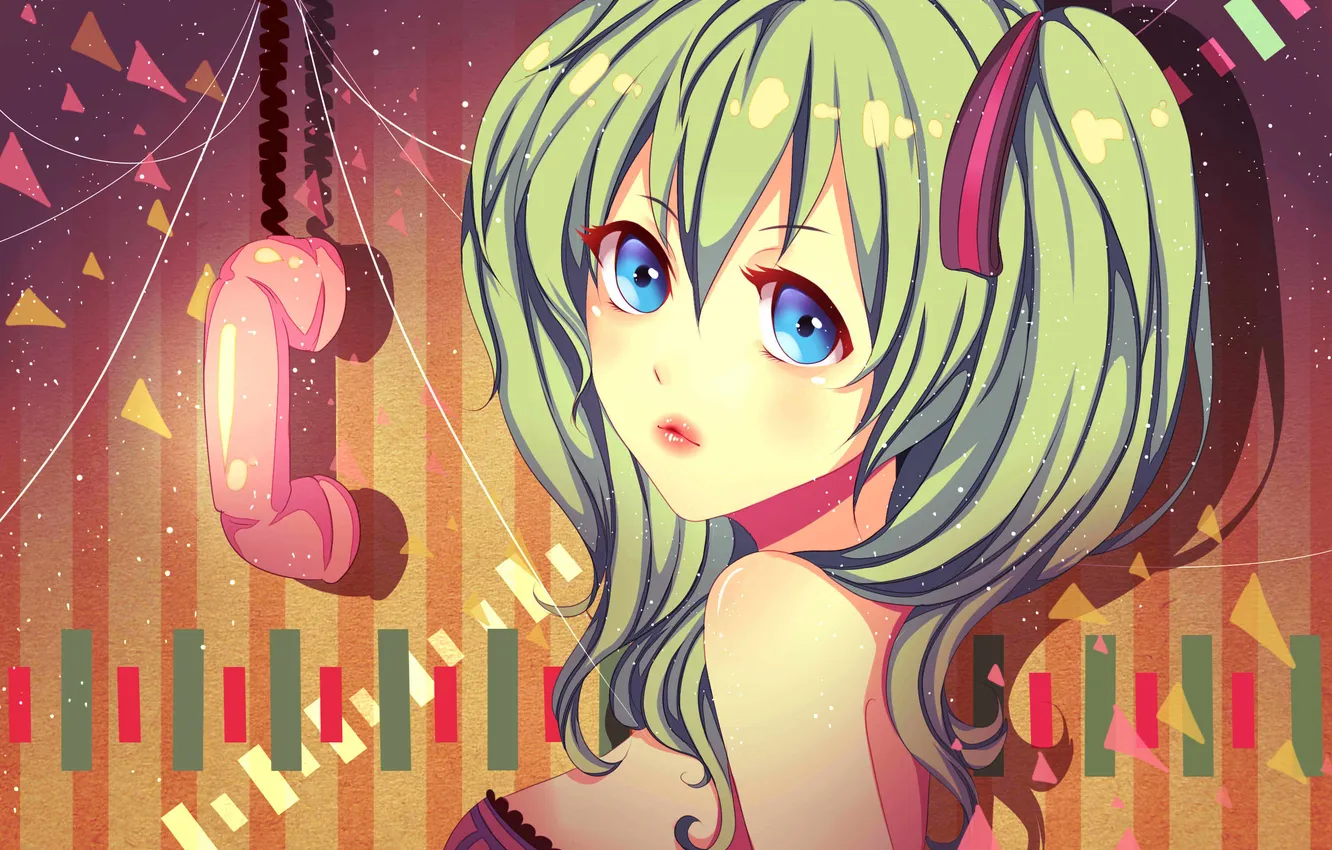 Photo wallpaper chest, look, girl, vocaloid, hatsune miku, Vocaloid, handset, art