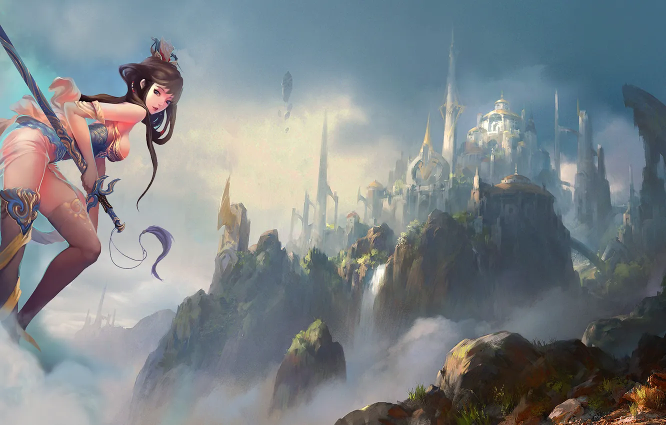 Photo wallpaper girl, landscape, the city, castle, rocks, sword, fortress