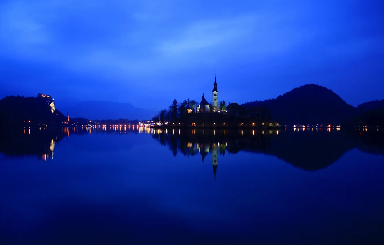 Photo wallpaper night, lights, lake, Slovenia, reflection, Lake Bled, Slovenia