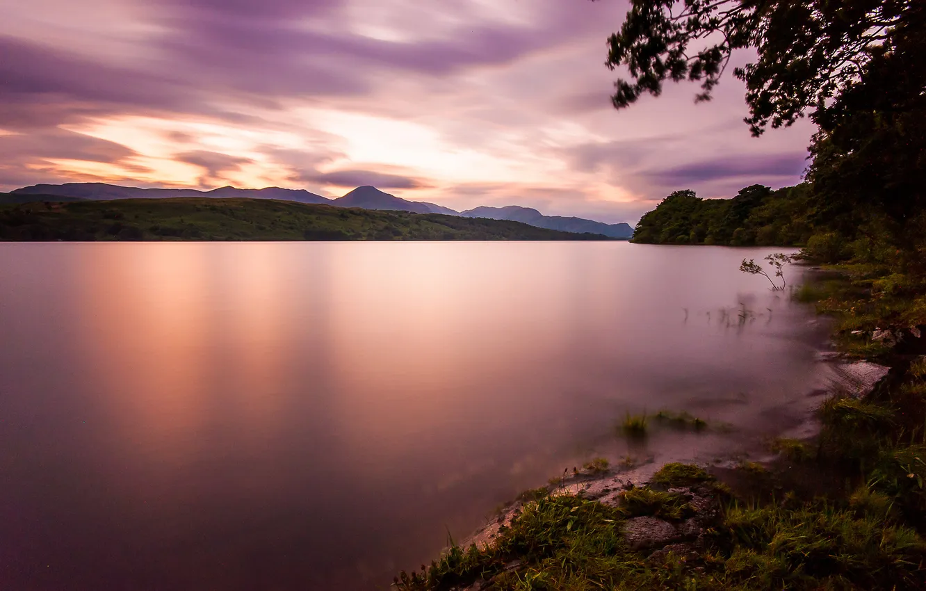 Photo wallpaper the sky, clouds, trees, mountains, lake, the evening