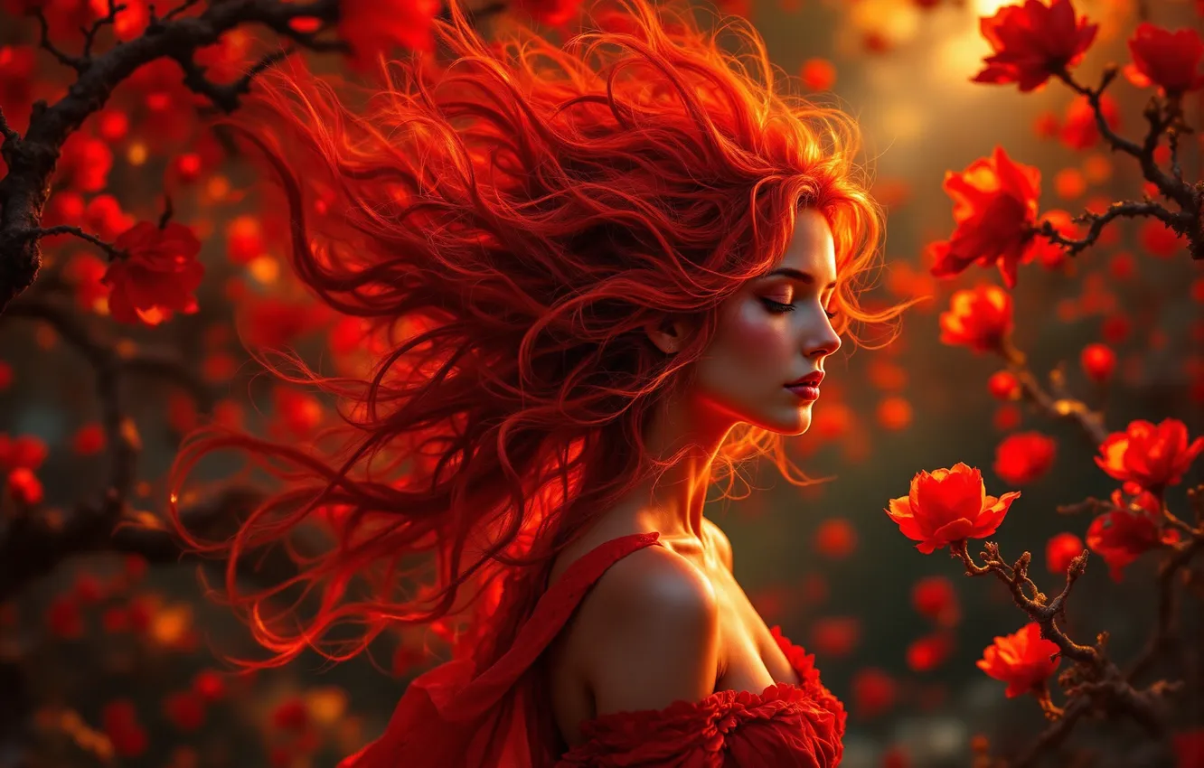 Photo wallpaper neural network, image, redhead, fantasy, girl, AI art