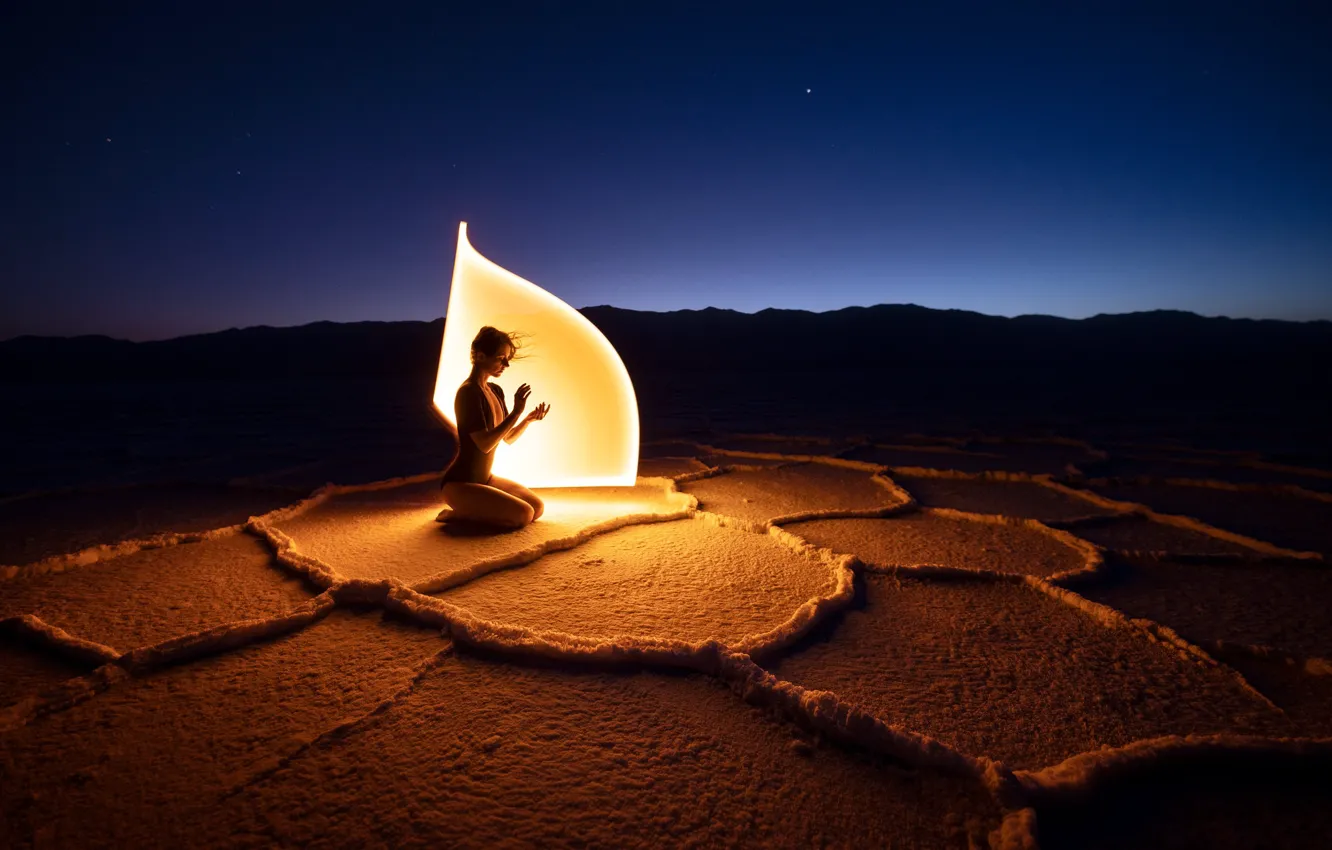 Photo wallpaper the sky, girl, light, landscape, night, nature, lights, cracked