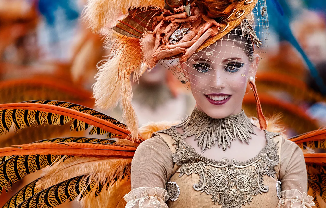 Photo wallpaper look, girl, face, smile, style, portrait, hat, feathers