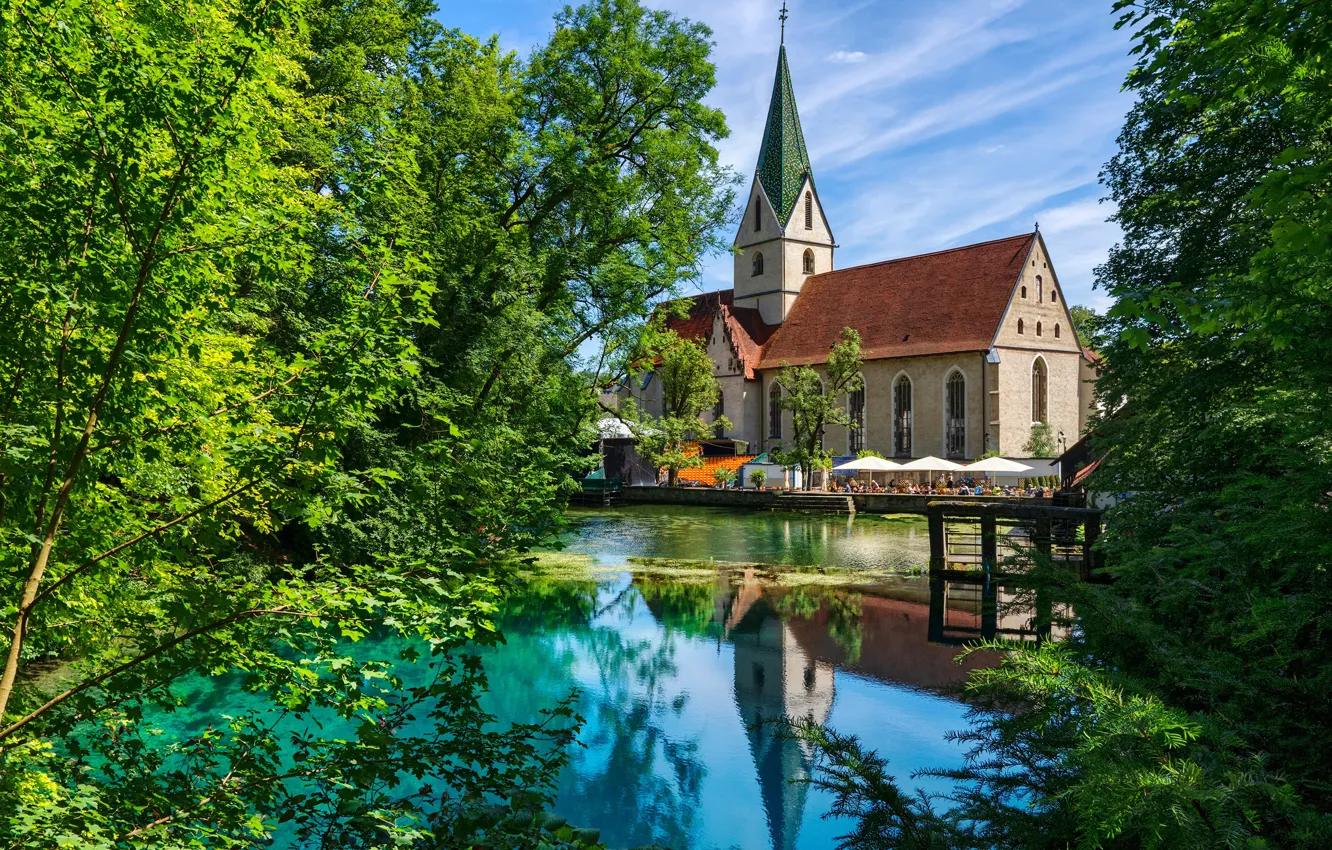Photo wallpaper greens, the sky, the sun, trees, pond, Germany, Church, Blaubeuren