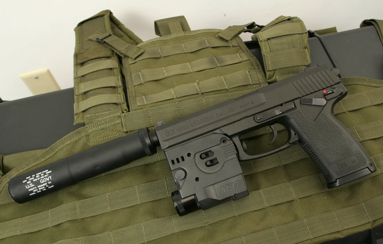 Photo wallpaper gun, weapons, gun, pistol, weapon, muffler, Heckler Koch, Mark 23