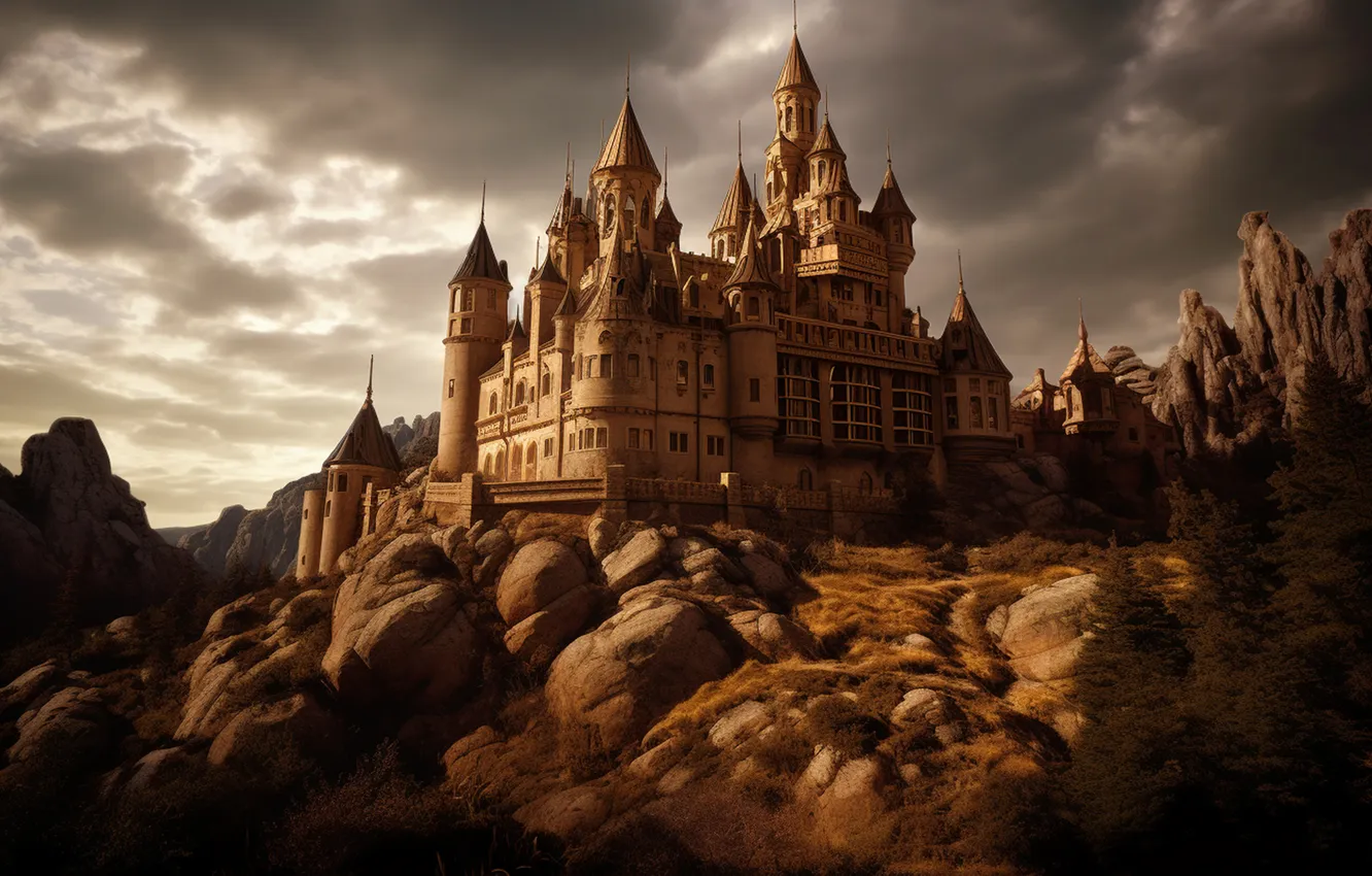 Photo wallpaper the sky, clouds, light, clouds, stones, castle, rocks, fantasy