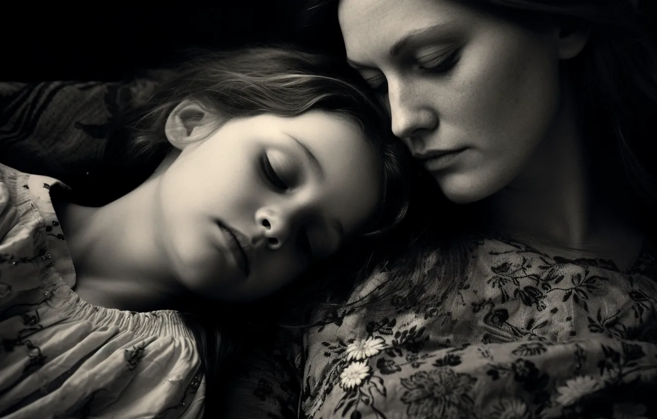 Photo wallpaper woman, portrait, girl, black and white photo, daughter, mother, AI art, neural network