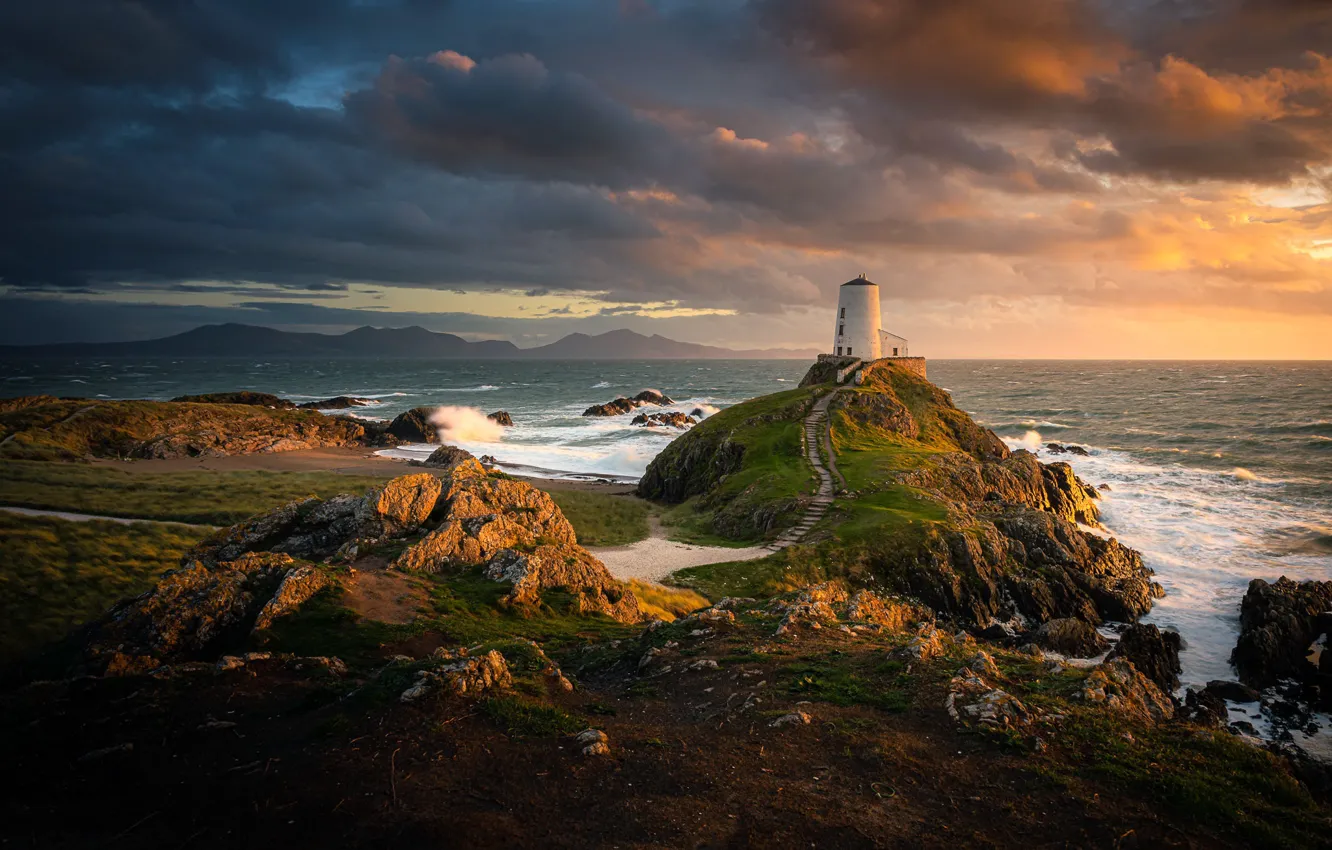 Photo wallpaper sea, shore, lighthouse, Wales, Newborough, Rhosyr