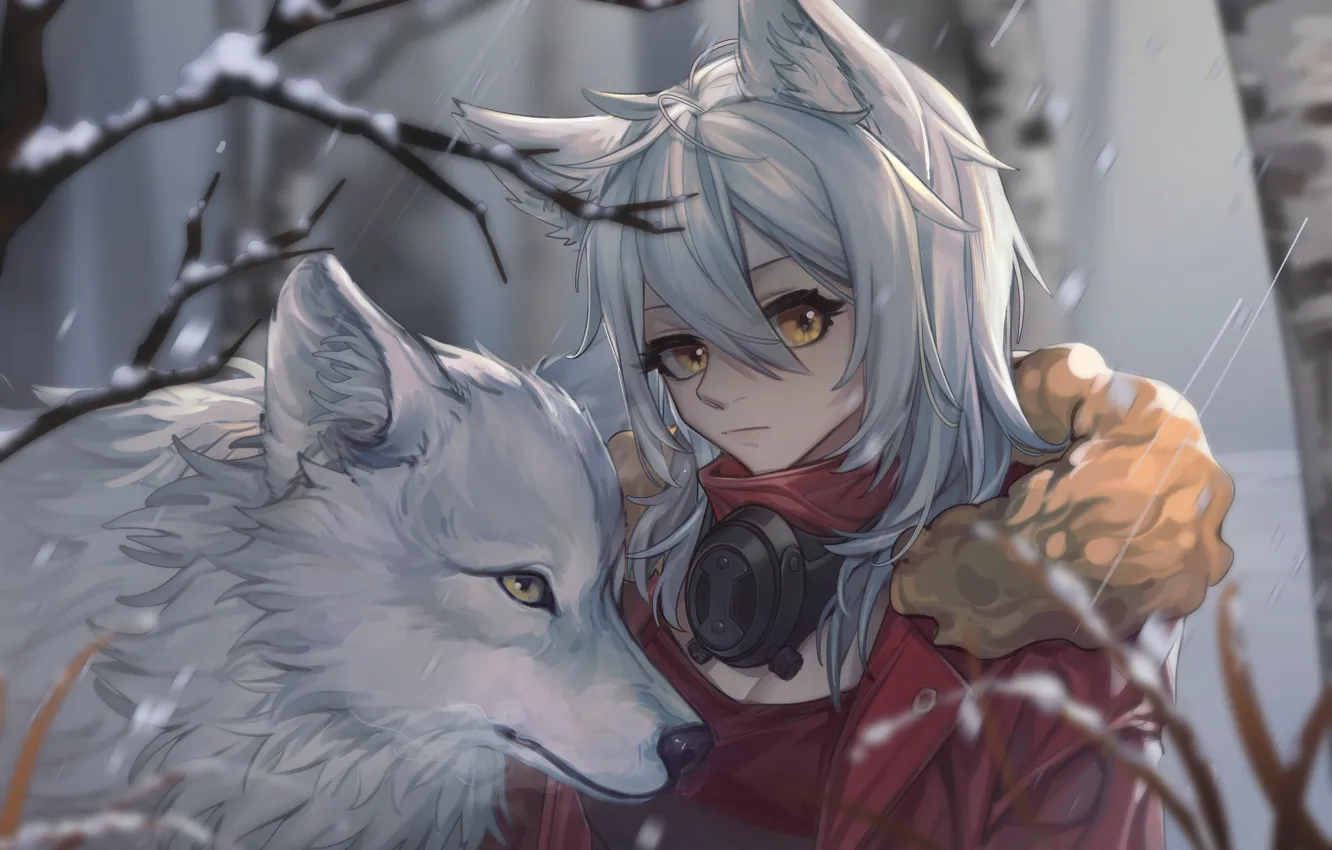 Photo wallpaper winter, girl, snow, wolf, red, Arknights
