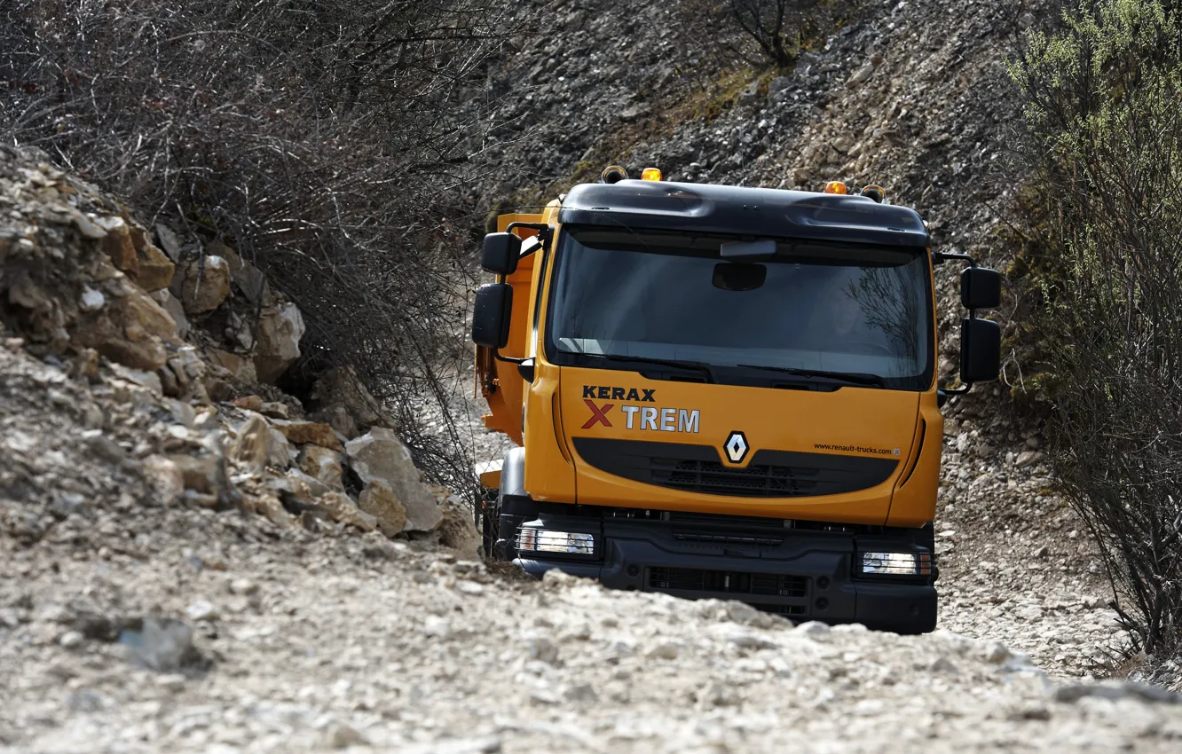 Photo wallpaper orange, stones, truck, Renault, the ground, dump truck, 8x4, four-axle