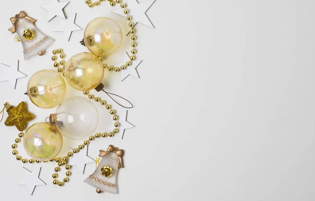 Photo wallpaper stars, balls, transparent, new year, Christmas, white background, beads, gold plated
